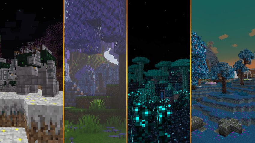 An image broken into four parts showcasing various mystical and alien Minecraft biomes added by the mod Various World