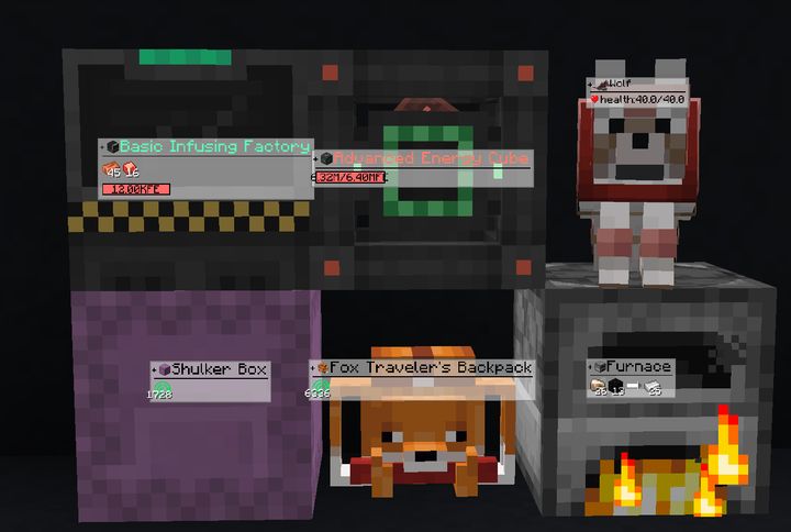 A series of Minecraft blocks including modded blocks with misc inventory contents being viewed at once through hovering panels.