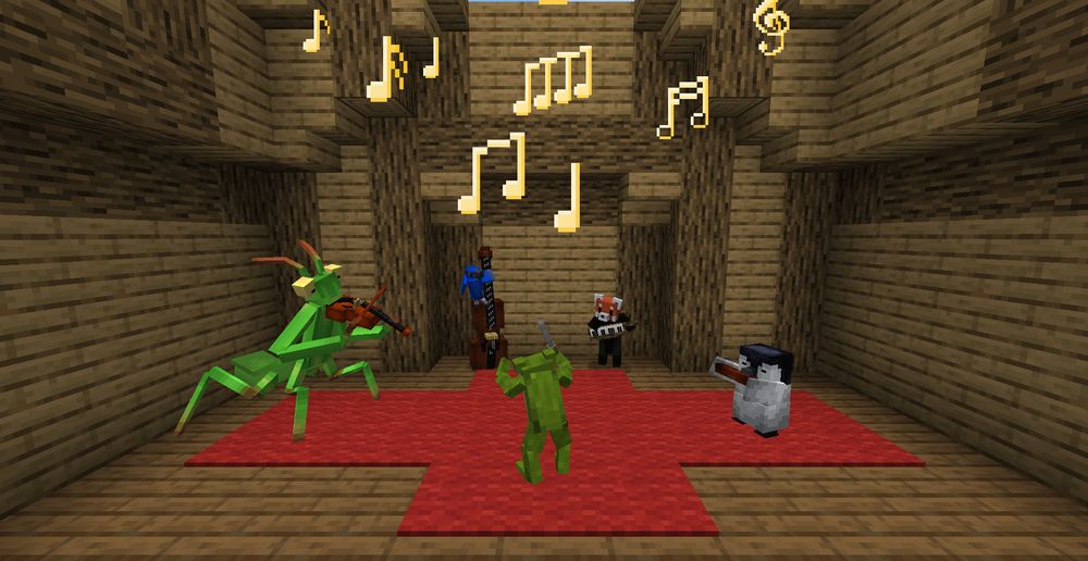 A praying mantis, bird, red panda, and penguin play instruments while being conducted by a frog in a Minecraft room made of oak and a red carpet.  Yellow and gold music notes rise from their instruments.