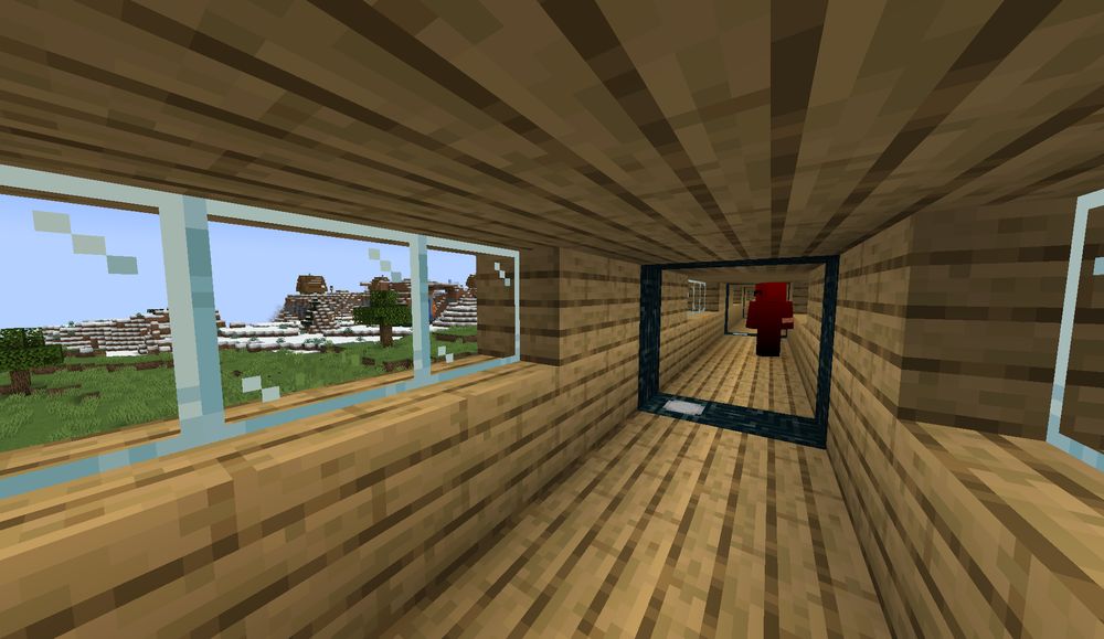 An infinite hallway using portals. The hall is made of oak wood planks and has a couple windows showing the outside terrain with a snowy village in the distance