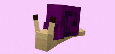 Minecraft-style snail from Paws & Claws. It has a purple or magenta shell.