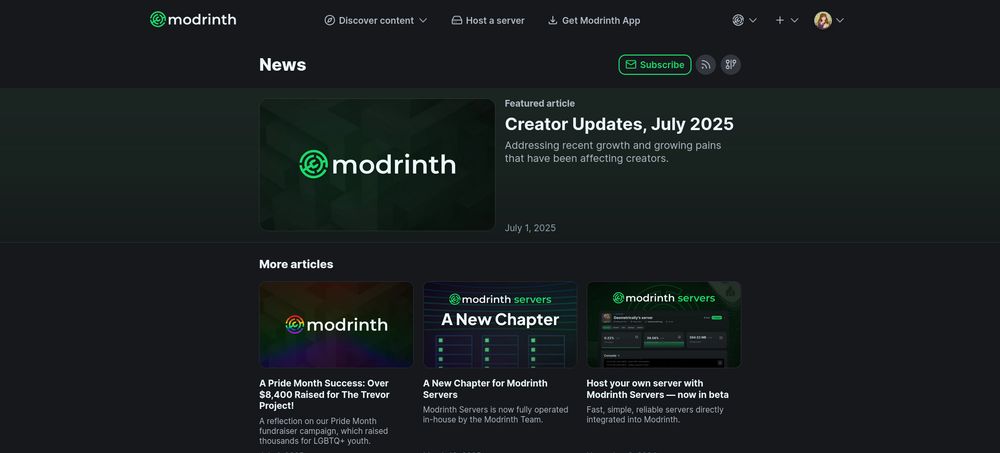 A screenshot of the new News site, showing the Creator Updates article featured, followed by three older articles.