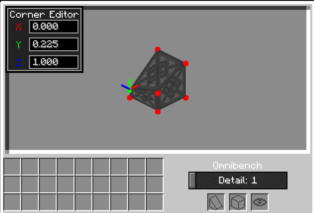 A screenshot of the in-game editor for the workbench block from the Omnishape mod. it shows a few different settings with a view in the middle, showing how you can edit the block shape.