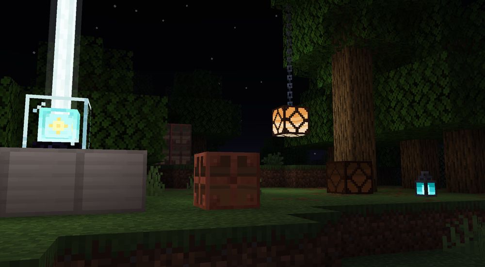 A lit, tier 1 beacon, copper bulb, redstone lamp, soul lantern, and a lit redstone lamp hanging from a tree in the forest. Each block has been modified to have depth in the light-emitting part of the block, even when unlit.