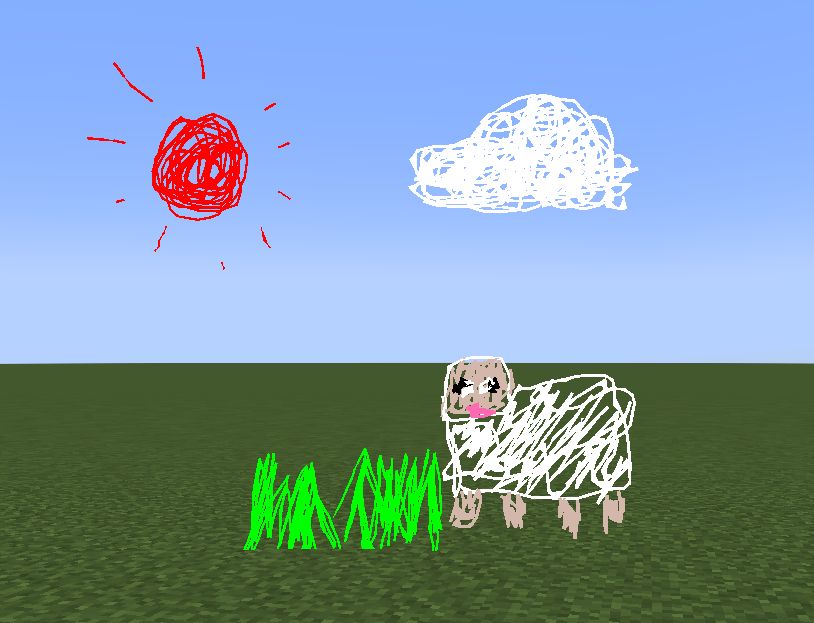 A screenshot of a Minecraft superflat world. It has some drawings in the foreground, using the tools from the FreeDraw mod. These drawings include a sheep with grass next to it, a cloud above the sheep, and a red-colored sun overhead.