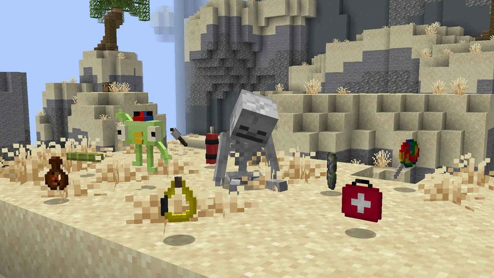 A skeleton sitting on a sand mountain surrounded by dropped items such as a piton, Bing Bong, a med kit, and a lollipop.
