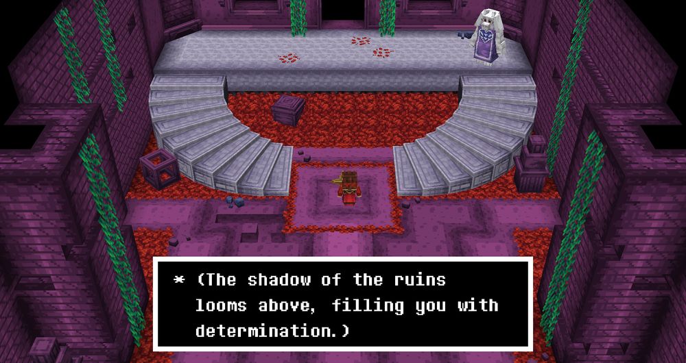 A screenshot in The Ruins, showing the text (The shadow of the ruins looms above, filling you with determination.)