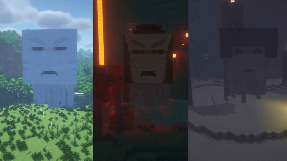 A side-by-side-by-side of each new ghast boss. From left to right, the Angry Ghast boss in the overworld, the Angrier Ghast boss in the Nether, and the Angriest Ghast in the End.