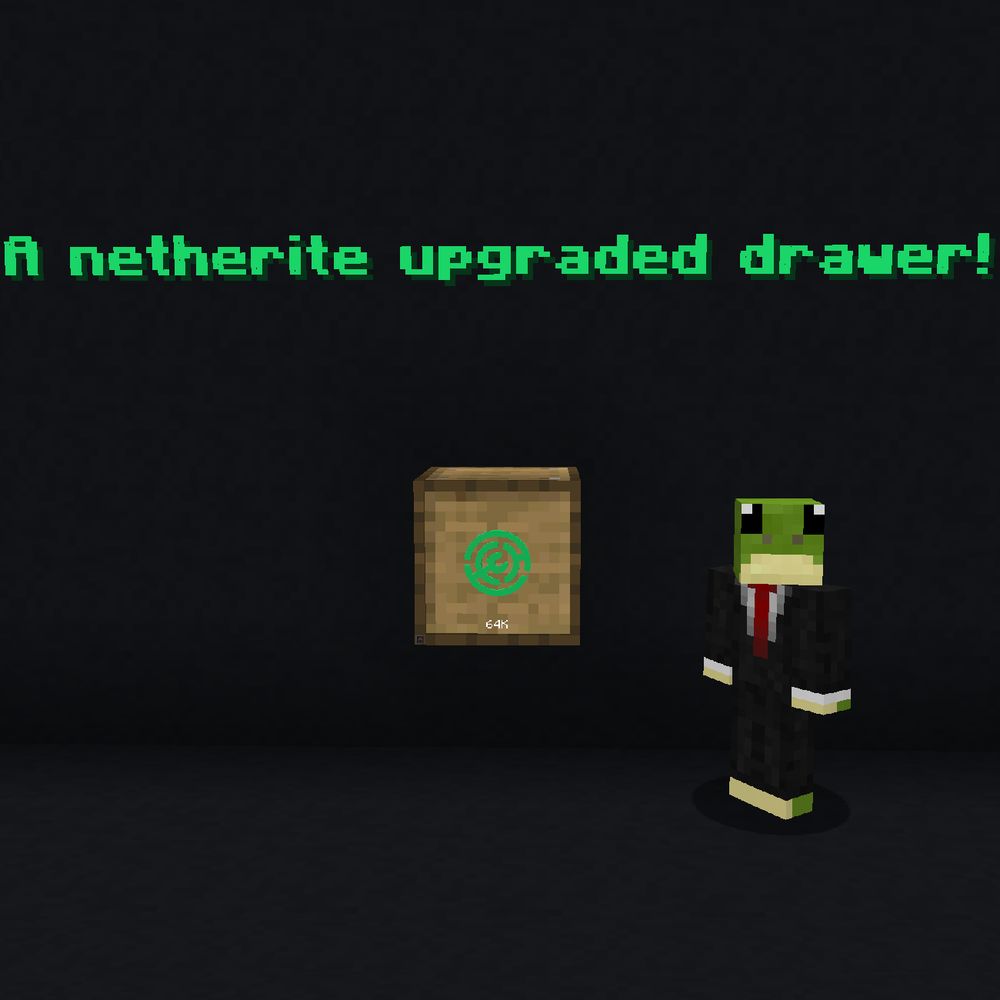 A Minecraft character of a frog in a suit called "Mr. Pack" stands to the right of an oak drawer from the Functional Storage mod with a netherite upgrade and 64,0000 items representing the Modrinth logo with the caption "A netherite upgraded drawer!" floating above.