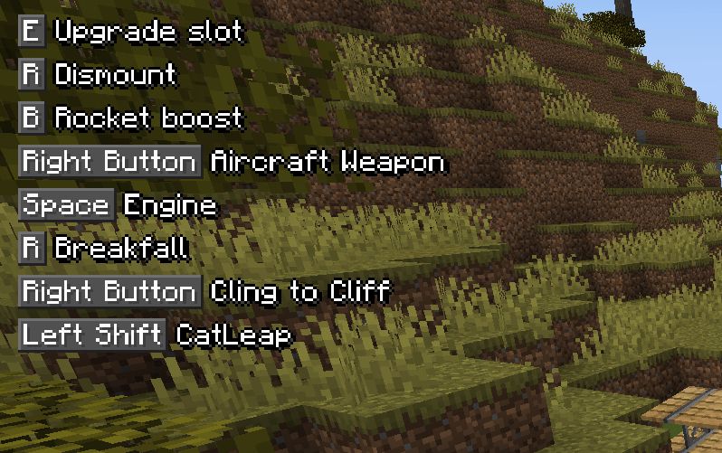 A Minecraft screenshot with a gui indicating keybinds and their uses in the top left.
