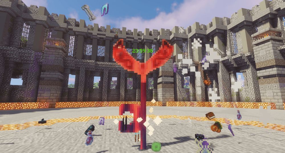 A screenshot of the middle of a colosseum. A “key” is in the center, shooting out loot from the previous boss. There is a timer above the key, counting down to the next boss fight.