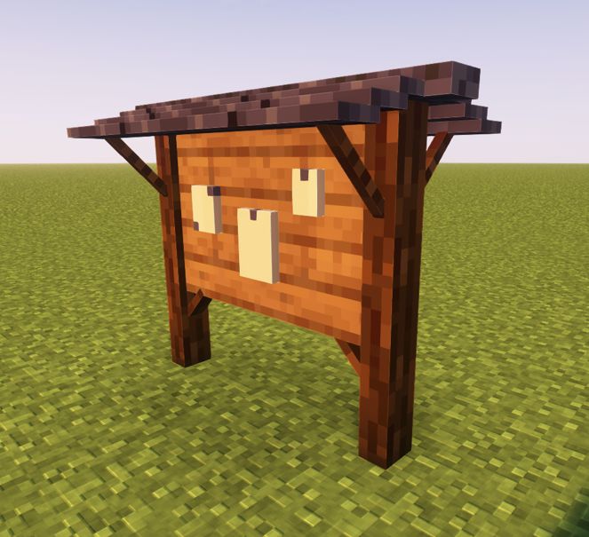 A notice board in a Minecraft superflat world. It is made of wood, has a small overhang, and a few notes posted onto the board.