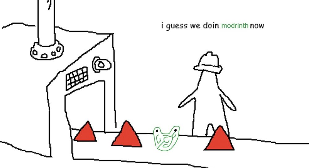 Production line factory meme with the "frogrinth" logo on a line with triangles. "i guess we doin modrinth now" the factory worker says