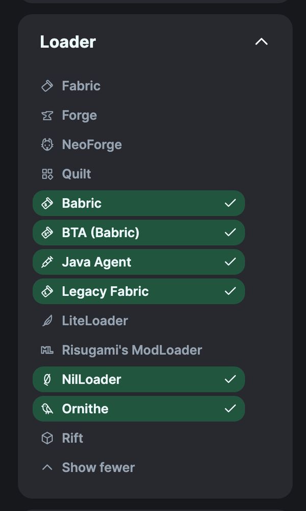 A screenshot of the loader selection screen, showing the new options for Babric, BTA (Babric), Java Agent, Legacy Fabric, NilLoader, and Ornithe.