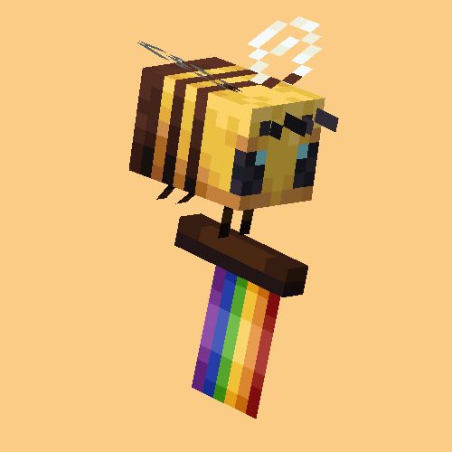 An image of  a Minecraft bee carrying a rainbow LGBTQIA+ pride flag in front of a pastel yellow background.