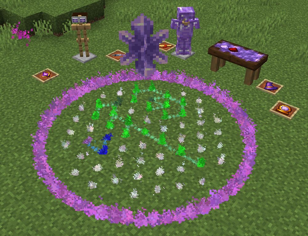 A Minecraft scene depicting particles on the ground making a magic circle with symbols drawn inside. An amethyst cluster floats above the circle. Items are displayed on the ground  including a wizards hat, and a scroll. Armor stands wearing amethyst armor and goggles are next to a workbench covered in amethyst and various dusts.