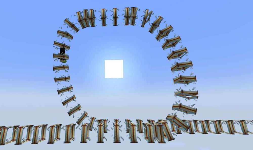 A Minecraft character of a frog in a suit traveling through a looped tube in the sky.