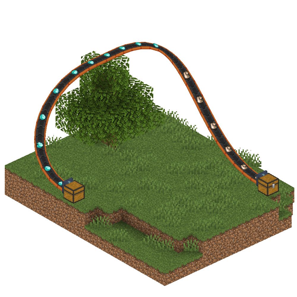 A Minecraft scene of an orange conveyer belt smoothly going over a tree to carry diamonds and iron from one chest to another.