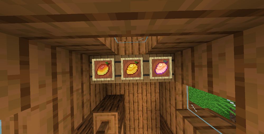 A mango, golden mango, and enchanted golden mango from Simple Mango sitting in item frames