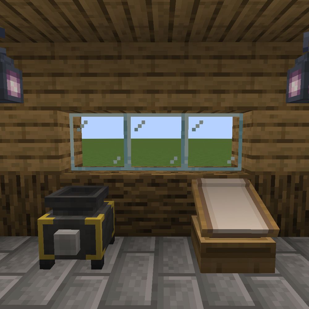 A Minecraft room shows two workstation blocks inside a room made of oak. There is a window, and out the window is a flat world made of grass blocks.