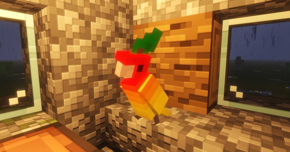 A brightly colored orange mango bird (parrot) sitting in a villager's house