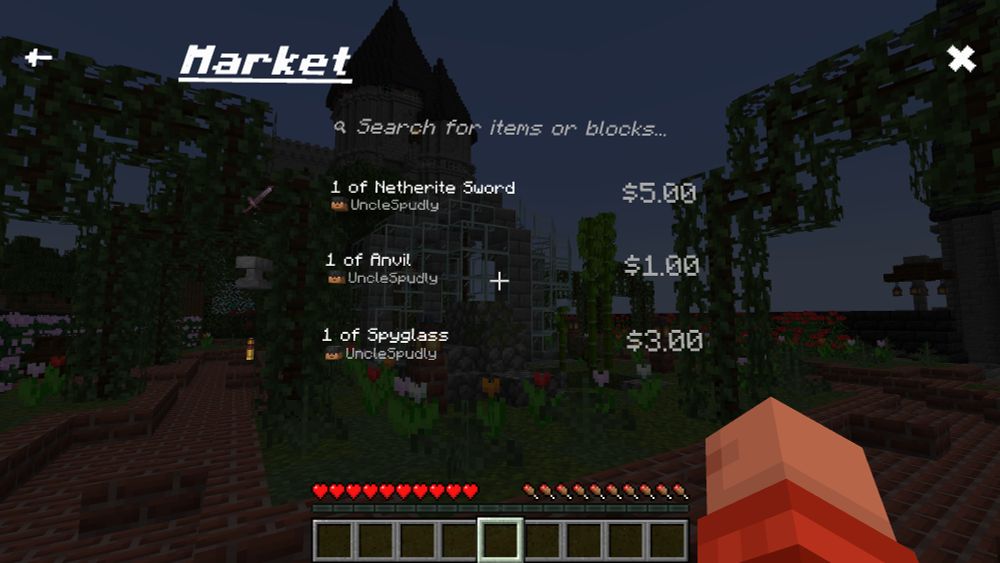 Minecraft UI display for a marketplace. Search bar at the top, followed by three items for sale underneath it. 