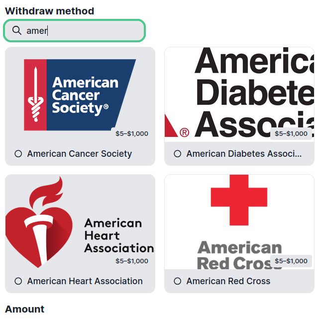 A screenshot of the Creator Monetization Program withdraw screen, showing options for the American Cancer Society, American Diabetes Association, American Heart Association, and American Red Cross.