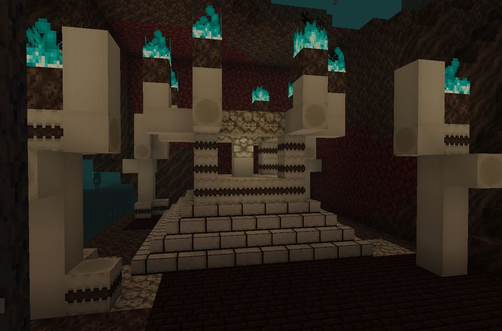 A nether structure made of bones in a soul sand valley