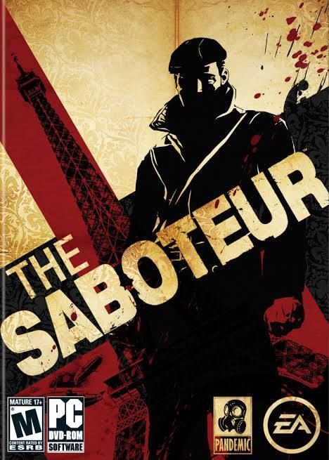 An advertising graphic for the PC video game The Saboteur. The image is comprises of stark silhouettes of a man in a coat with an upturned collar and a beret in front of the Eiffel Tower.