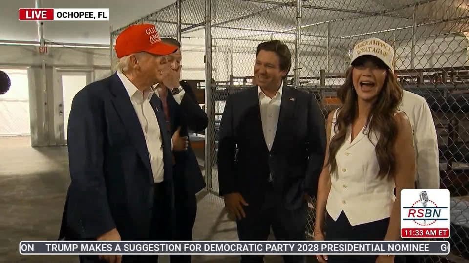 Trump, DeSantis, Nowm laughing in front of cells in new Everglades ICE camp
