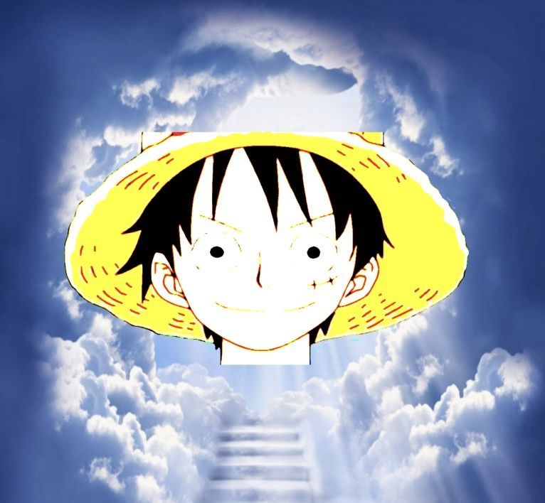 luffy's face on top of a heavenly staircase 