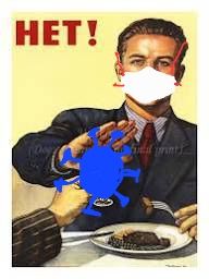 A soviet anti-alcohol poster of a man refusing a shot glass saying NYET! is modified so he is wearing an ffp3 mask and refusing a virus, both badly doodled on