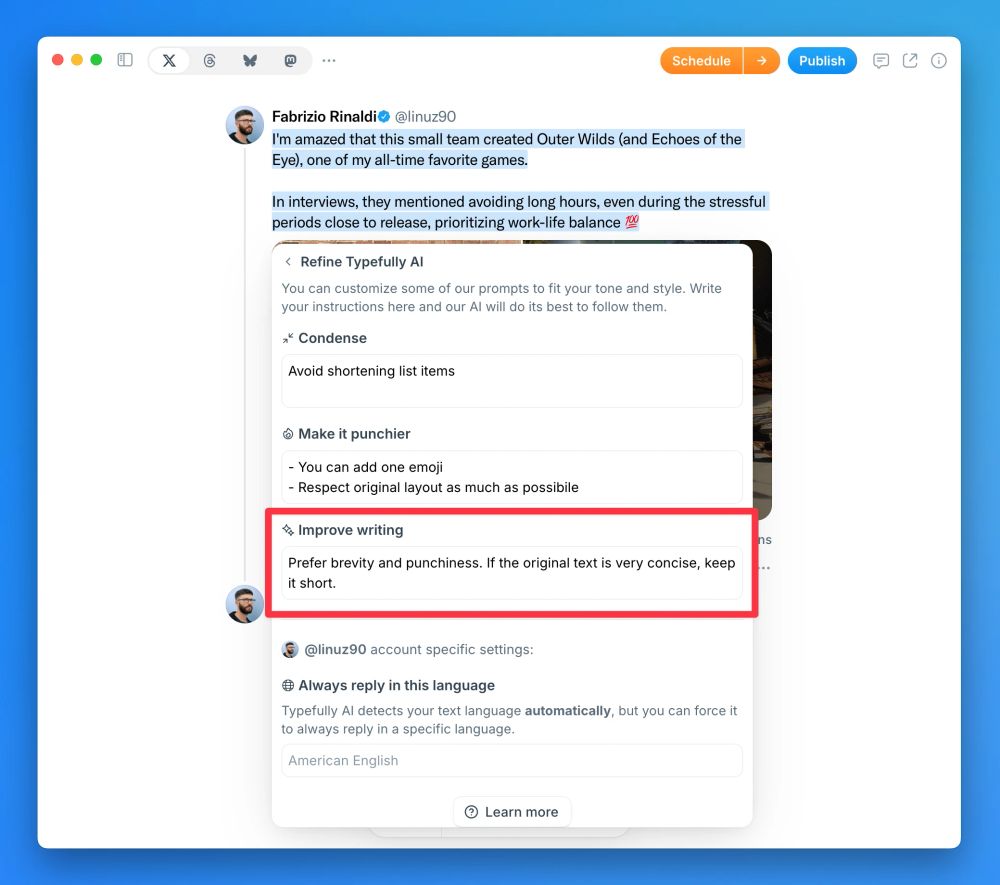 AI rewriting interface inside social media scheduling tool Typefully.