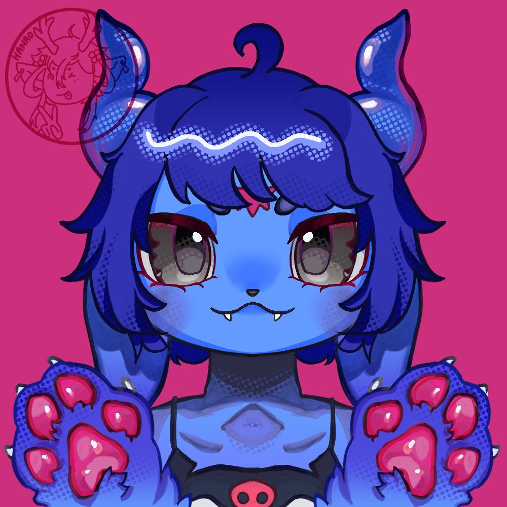 SussyBnuuy Bun’s redesign of their blue bunny avatar as a purple hue-blue imp kemono bunny creature with imp horns, fangs and a geometric star on the forehead and a kuromi tank top just out of view. The background is a contrasting pink that is the same color as their paws and forehead marking.