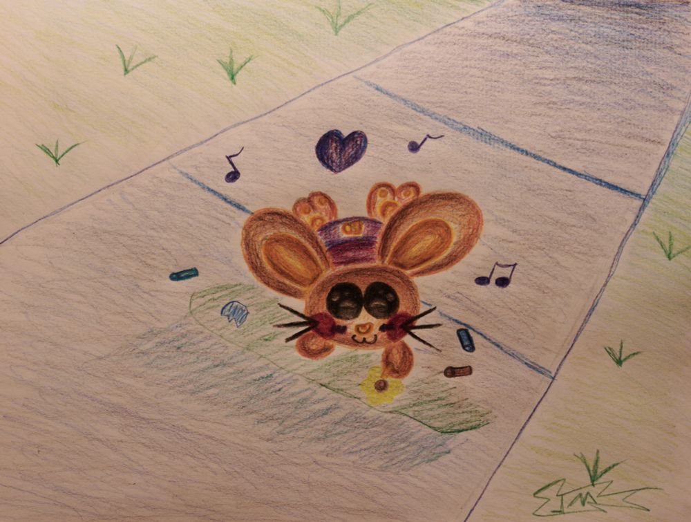 A colored pencil drawing of Tangerabbit doodling on the sidewalk, and actually, I haven't used colored pencils in a while until today.