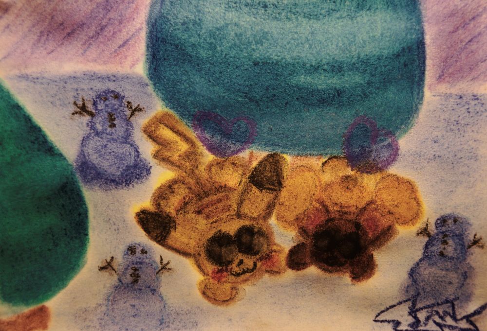 A chalk drawing of Pikachu and Buneary holding paws under a tree in the snow. There are snowmen strewn about the scene.

This was photographed with an EOS Rebel T3i with a Canon FD 35-70mm f4 lens mounted to it.

Next time I make any more chalk art, I'm photographing it before fixing it down with hairspray.