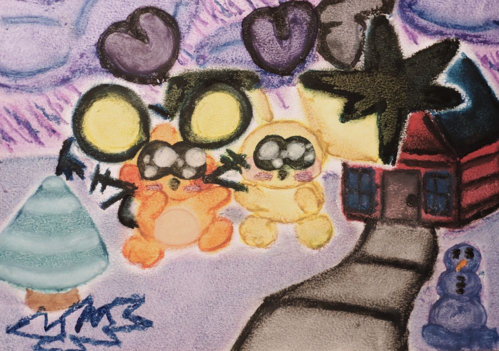 An oil pastel drawing of Pichu and Dedenne holding paws in the snow in front of a cabin. 

This was photographed with a Lumix GF2 with a cheap, no-name native-mount manual 35mm f1.6 prime lens.