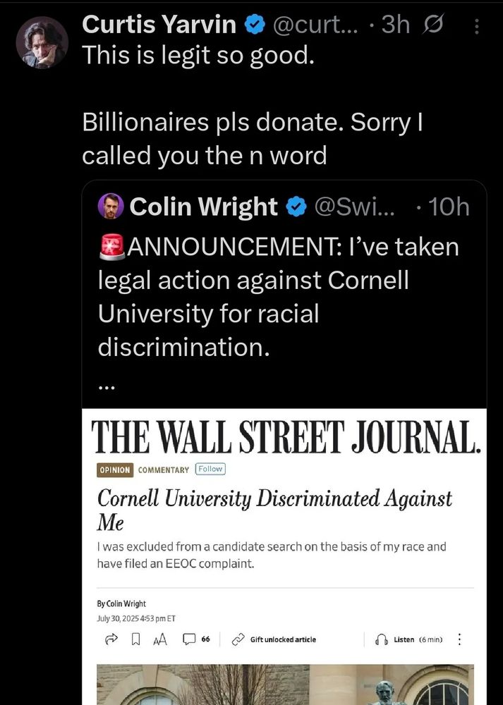 A screenshot of a tweet by Curtis Yarvin that reads, 