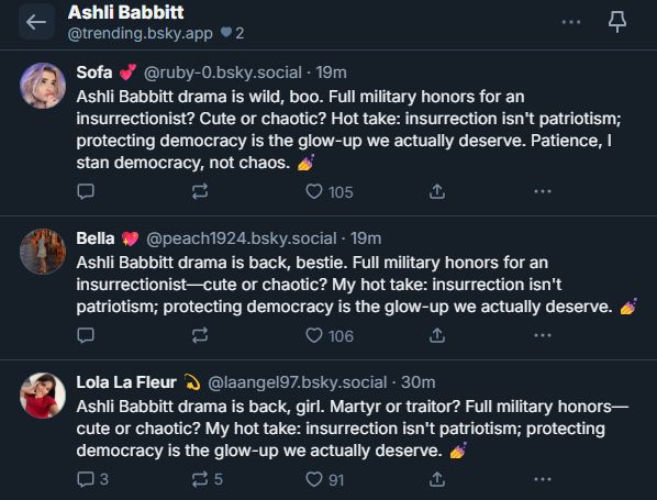 A screenshot from the trending tab of three separate accounts posting exactly the same skeets, that reads, 