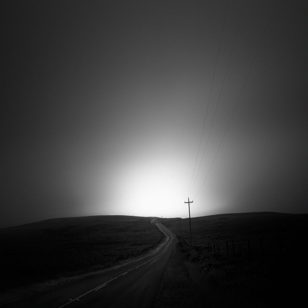This is a very basic image of a road winding through dairy farms and towards some light.  You can see telephone poles and wires on the side of the road. 