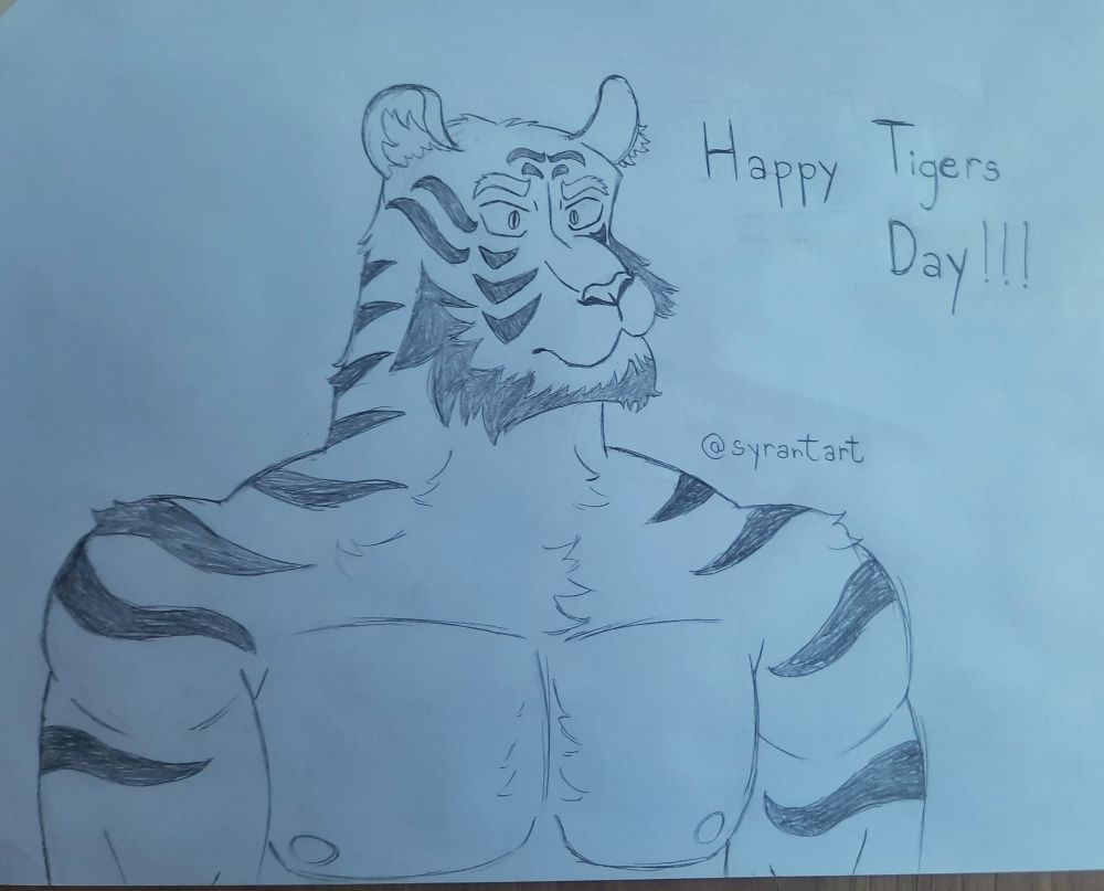 Anthropomorphic male tiger and text saying "Happy tigers day!"