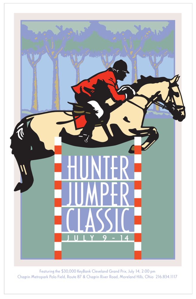 Poster of a horse and rider jumping a gate in a woodland setting. Art & design ©1996-present Cherie Banks Meyers