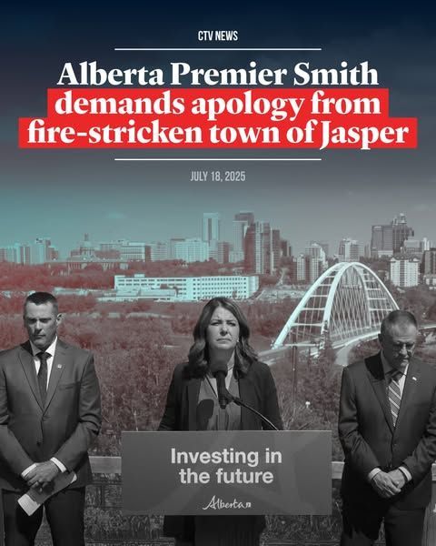 Graphic of news headline of UCP government demanding an apology from the town of Jasper