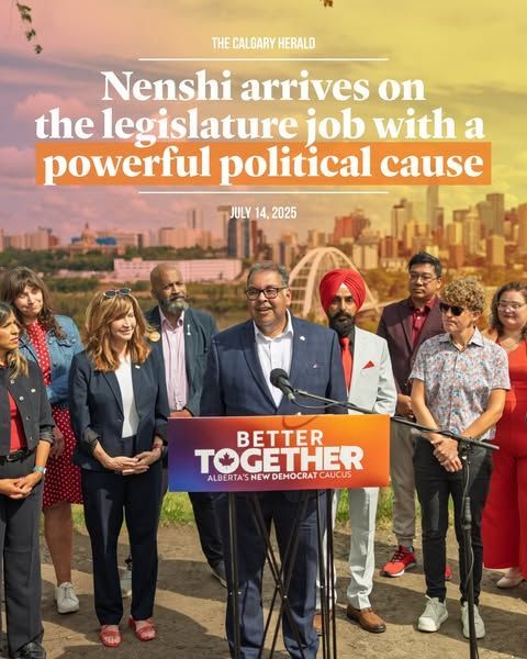 Graphic of news headline of Nenshi's arrival to legislature with a plan