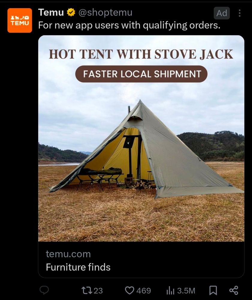 temu ad for a hot tent with stove jack