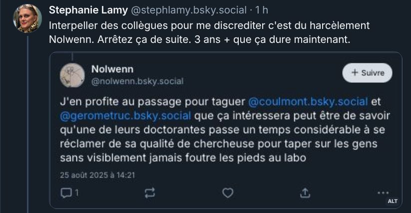 Stephanie Lamy qui poste une capture d'écran d'une de ses harceleuses qui tagge des collègues/employeur de celle-ci pour la dénigrer. Stephanie: 