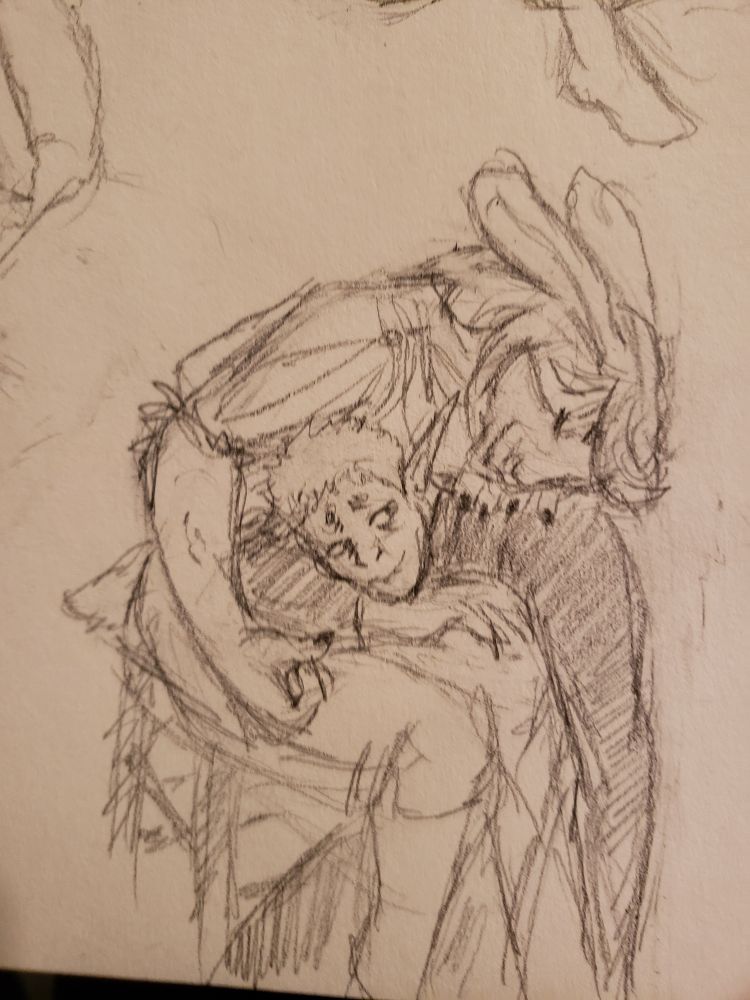 Noct lying on the lap of a harengon looking exhausted but happy to be held