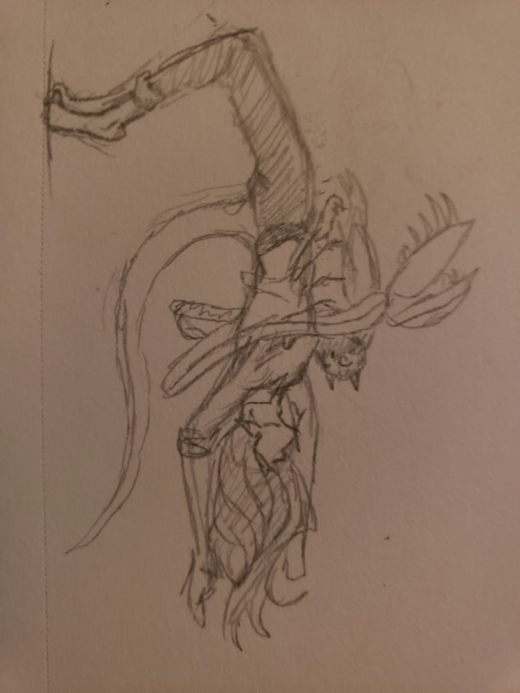 Kir's feet are stuck to the mast (not depicted) of a ship as his knees are bent so he can lean back to see. He clutches Niko in his tentacles