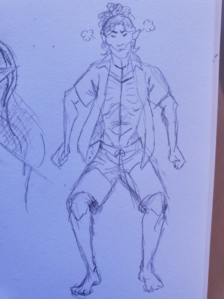 Kir is dressed in long swim trunks and an unbuttoned shirt with his hair in a bun, seemingly mad about something