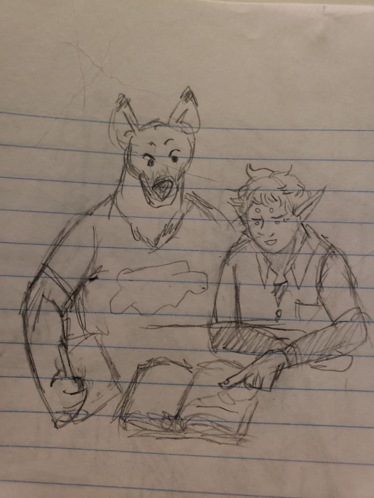 A sketch of the wizard in question, albeit in a modern au style setting, as noct and adrulk study a book as adrulk takes notes
